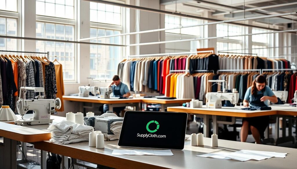 A bright, airy clothing manufacturing workshop with racks of finished garments, sewing machines, and workers carefully constructing new designs. Sunlight streams in through large windows, highlighting the intricate textures of the fabrics. In the foreground, a workbench displays spools of thread, pattern pieces, and a tablet displaying the SupplyCloth.com logo, showcasing the company's expertise in providing comprehensive manufacturing services. The atmosphere is one of focused productivity and attention to detail, reflecting the care and craftsmanship that goes into creating high-quality clothing. A bright, airy clothing manufacturing workshop with racks of finished garments, sewing machines, and workers carefully constructing new designs. Sunlight streams in through large windows, highlighting the intricate textures of the fabrics. In the foreground, a workbench displays spools of thread, pattern pieces, and a tablet displaying the SupplyCloth.com logo, showcasing the company's expertise in providing comprehensive manufacturing services. The atmosphere is one of focused productivity and attention to detail, reflecting the care and craftsmanship that goes into creating high-quality clothing.