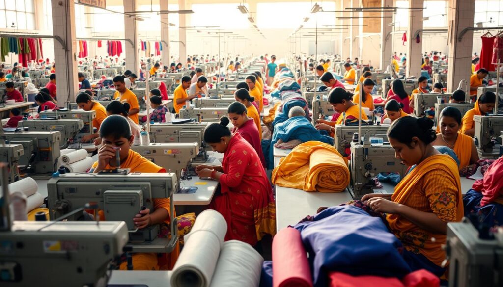 A bustling textile factory in Bangladesh, filled with rows of industrial sewing machines and workers in bright garments. The scene is bathed in warm, natural lighting, with large windows allowing sunlight to pour in. In the foreground, skilled seamstresses carefully craft intricate apparel, their hands moving with precision. In the middle ground, rolls of vibrant fabrics and spools of thread await their transformation. The background reveals the scale of the operation, with countless workstations and a sense of efficient productivity. The overall atmosphere conveys the expertise, dedication, and cost-effectiveness that make Bangladesh a premier destination for apparel sourcing.