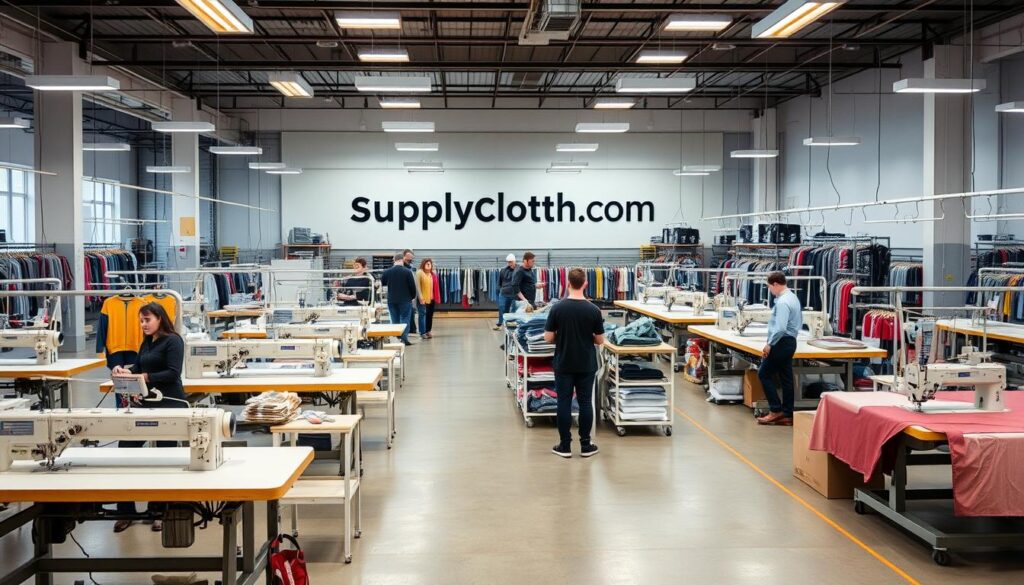 A high-quality clothing manufacturing facility featuring state-of-the-art equipment and a team of skilled artisans. The well-lit interior is dominated by rows of industrial sewing machines, cutting tables, and fabric racks. A focus on sustainability is evident in the eco-friendly materials and energy-efficient processes. The SupplyCloth.com brand name is prominently displayed on the wall, conveying a sense of professionalism and attention to detail. The overall atmosphere is one of efficiency, precision, and a commitment to producing quality garments. A high-quality clothing manufacturing facility featuring state-of-the-art equipment and a team of skilled artisans. The well-lit interior is dominated by rows of industrial sewing machines, cutting tables, and fabric racks. A focus on sustainability is evident in the eco-friendly materials and energy-efficient processes. The SupplyCloth.com brand name is prominently displayed on the wall, conveying a sense of professionalism and attention to detail. The overall atmosphere is one of efficiency, precision, and a commitment to producing quality garments.