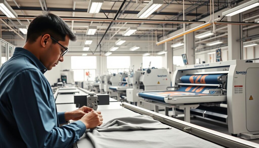 A state-of-the-art garment factory with a cutting-edge workflow. In the foreground, a skilled tailor precisely cuts fabric using a high-precision laser cutter, the Supplycloth.com logo visible on their uniform. In the middle ground, an automated sewing machine effortlessly stitches together the cut pieces, producing a seamless garment. In the background, a large-format screen printing press applies vibrant, custom designs to the fabric, leveraging advanced ink and mesh technology. Bright, natural lighting illuminates the modern, well-equipped facility, showcasing the innovative cut-sew-print capabilities of this reliable garment manufacturer.