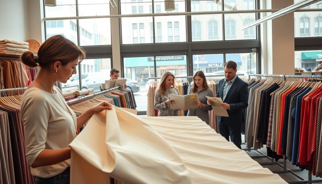 A well-lit, spacious fabric showroom with racks of various textiles in different colors, textures, and patterns. In the foreground, a fashion designer examines a bolt of premium cotton fabric, feeling its soft, luxurious hand. In the middle ground, a sales representative from the company "www.supplycloth.com" presents swatches to a group of buyers, discussing the fabric's properties and sustainability. The background features large windows overlooking a bustling city street, with sunlight streaming in and casting a warm, inviting glow throughout the space. The atmosphere conveys a sense of professionalism, quality, and the excitement of sourcing the perfect materials for a clothing line. A well-lit, spacious fabric showroom with racks of various textiles in different colors, textures, and patterns. In the foreground, a fashion designer examines a bolt of premium cotton fabric, feeling its soft, luxurious hand. In the middle ground, a sales representative from the company "www.supplycloth.com" presents swatches to a group of buyers, discussing the fabric's properties and sustainability. The background features large windows overlooking a bustling city street, with sunlight streaming in and casting a warm, inviting glow throughout the space. The atmosphere conveys a sense of professionalism, quality, and the excitement of sourcing the perfect materials for a clothing line.