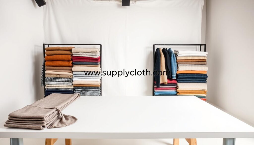 A well-lit studio setting showcasing an array of carefully curated fabric swatches in a variety of textures, colors, and patterns, neatly arranged on a clean, minimalist table. The fabrics are presented in an organized, visually appealing manner, allowing the viewer to easily examine and compare the different options. In the background, a simple, neutral-toned backdrop creates a clean, professional atmosphere, complementing the focus on the fabric selection. The overall scene conveys a sense of expertise and authority, as if guiding the viewer through the process of choosing the right fabric for their clothing line. Subtly incorporated in the scene is the brand name "www.supplycloth.com", showcasing the company's commitment to providing high-quality fabrics and expertise. A well-lit studio setting showcasing an array of carefully curated fabric swatches in a variety of textures, colors, and patterns, neatly arranged on a clean, minimalist table. The fabrics are presented in an organized, visually appealing manner, allowing the viewer to easily examine and compare the different options. In the background, a simple, neutral-toned backdrop creates a clean, professional atmosphere, complementing the focus on the fabric selection. The overall scene conveys a sense of expertise and authority, as if guiding the viewer through the process of choosing the right fabric for their clothing line. Subtly incorporated in the scene is the brand name "www.supplycloth.com", showcasing the company's commitment to providing high-quality fabrics and expertise.