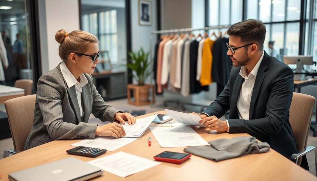 Business meeting between fashion brand representative and manufacturer discussing contract terms