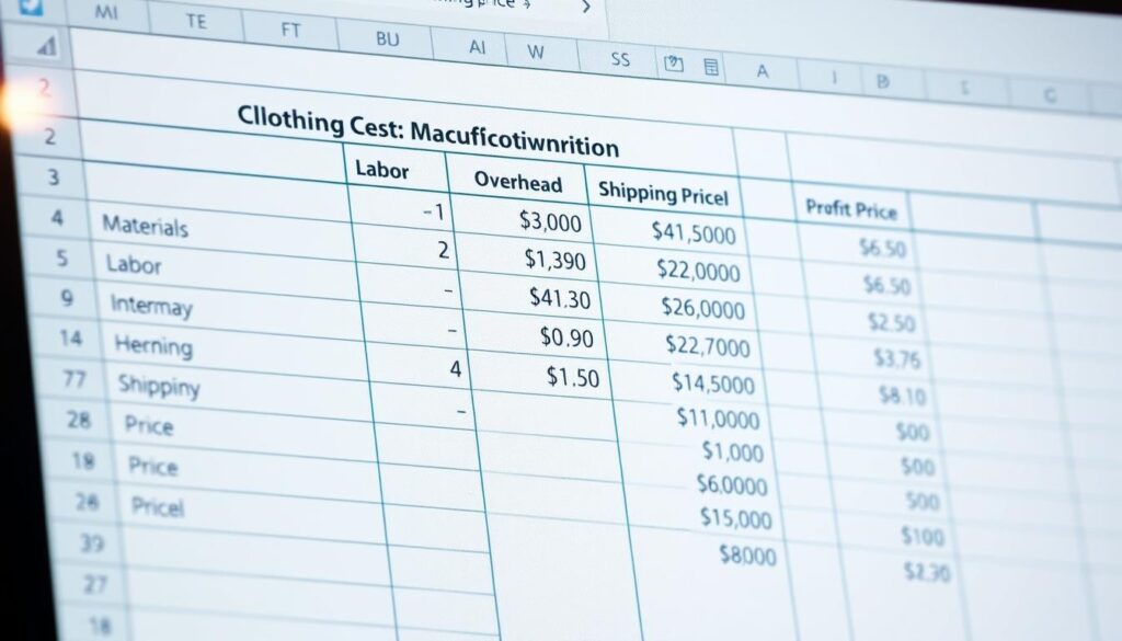 Clothing cost breakdown and pricing calculation spreadsheet