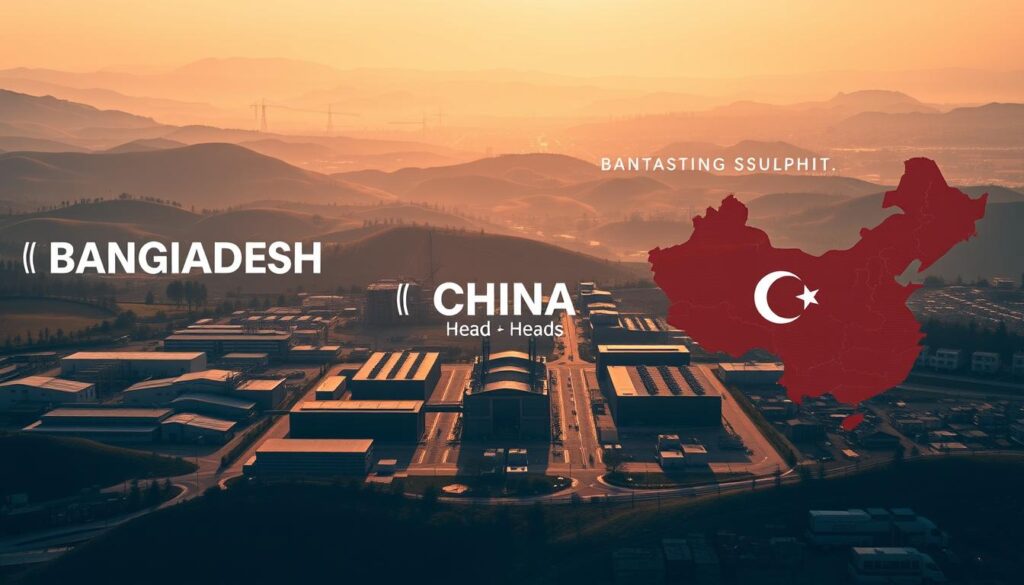 Detailed comparison of apparel suppliers in Bangladesh, China, and Turkey, presented in a clear, organized layout. Wide angle shot showcasing the three regions, with evenly lit, realistic textures and materials. Prominent silhouettes of factories and warehouses in the middle ground, complemented by rolling hills and cityscape in the background. Subtle warm lighting creates a professional, analytical atmosphere, highlighting the nuances between the sourcing options. Emphasis on scale, efficiency, and quality to illustrate the head-to-head nature of the comparison.