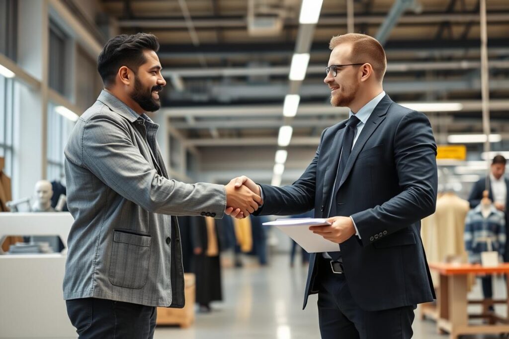 Fashion brand owner and manufacturer shaking hands in a production facility