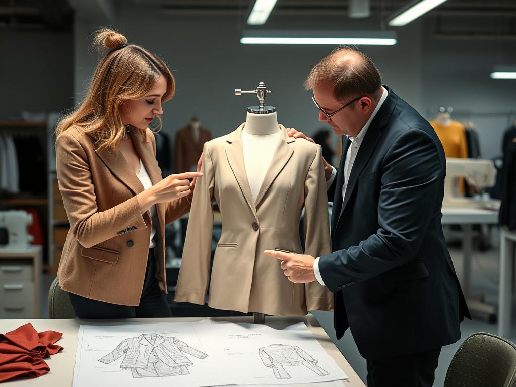 Fashion designer discussing production issues with manufacturer representative