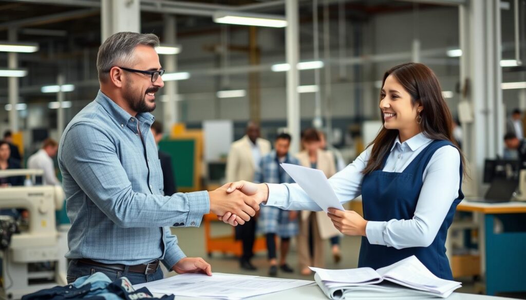 Fashion entrepreneur and manufacturer shaking hands after successful meeting