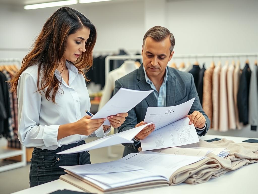 Fashion entrepreneur discussing production details with a manufacturer