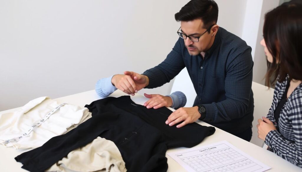 Fashion entrepreneur reviewing problematic clothing samples with quality issues