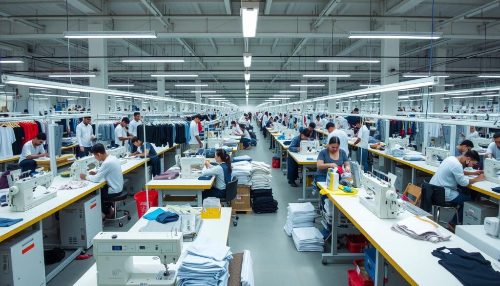 Fashion manufacturing production line showing various stages of garment assembly