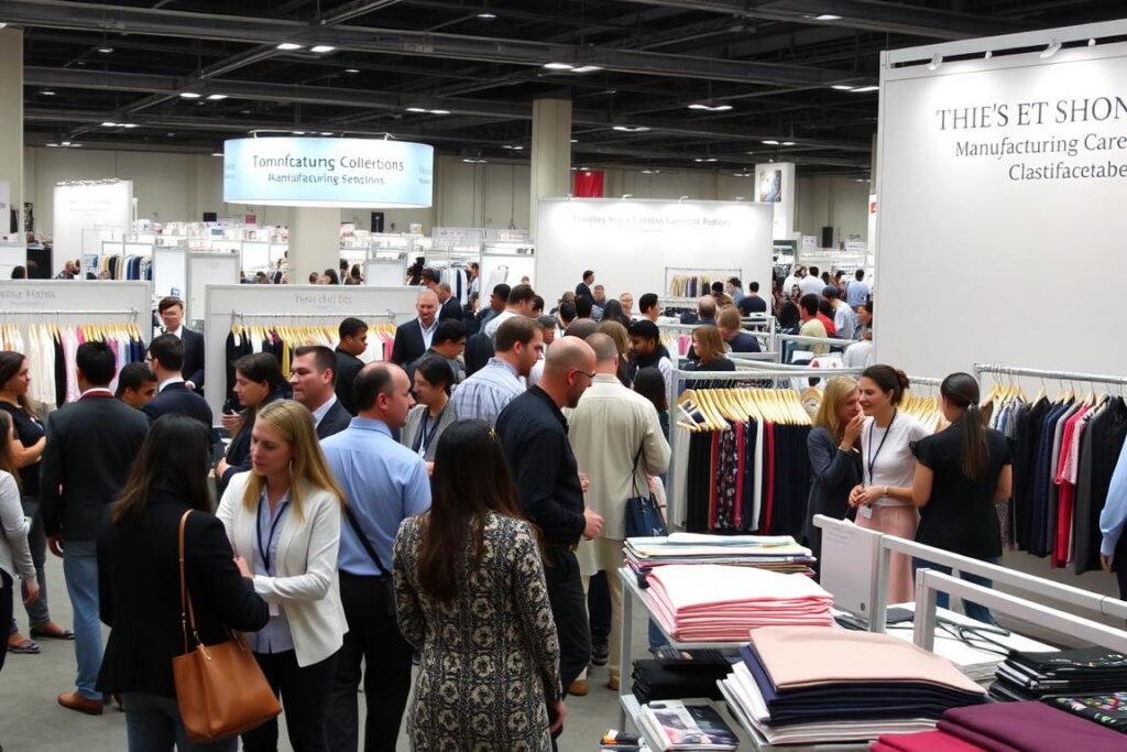 Fashion trade show with clothing manufacturers displaying their capabilities to potential clients