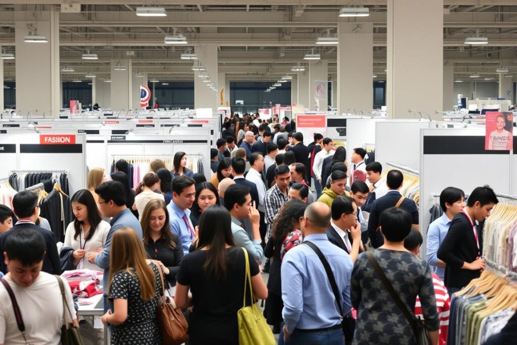 Fashion trade show with clothing manufacturers displaying their services