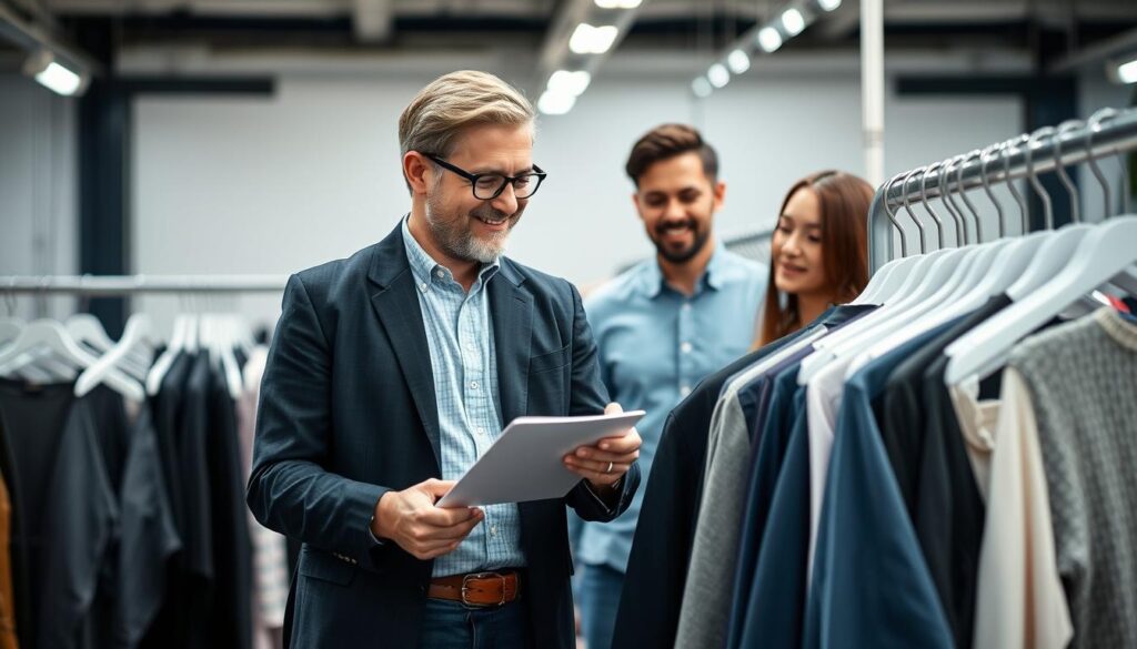 Successful fashion brand owner reviewing finished garments with manufacturing team