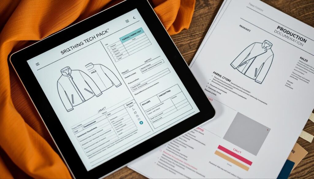 Tech pack and production documentation for clothing manufacturing
