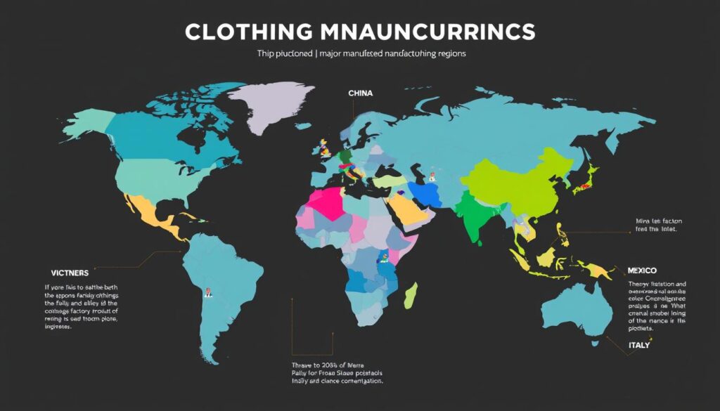 World map highlighting major clothing manufacturing hubs with production statistics