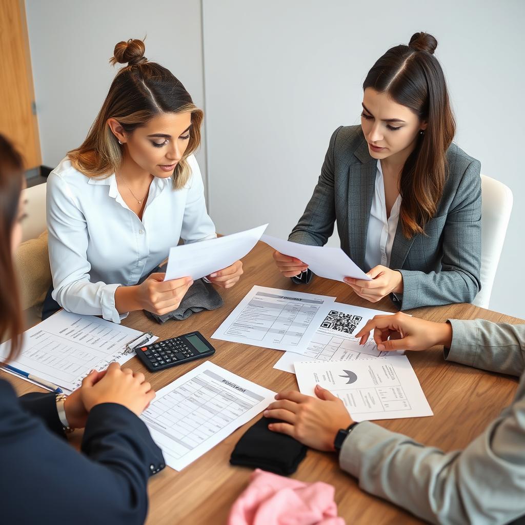 Business meeting discussing pricing with wholesale clothing manufacturer