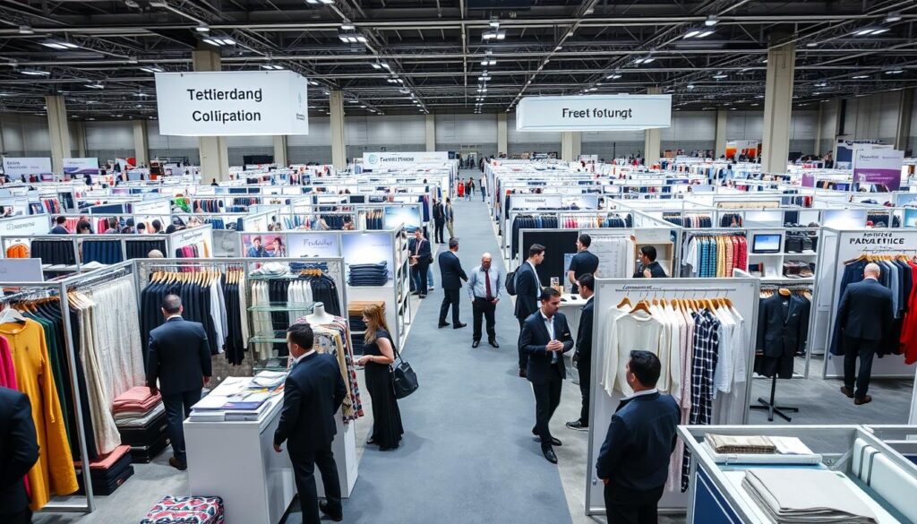 Busy clothing manufacturing trade show with booths and industry professionals networking