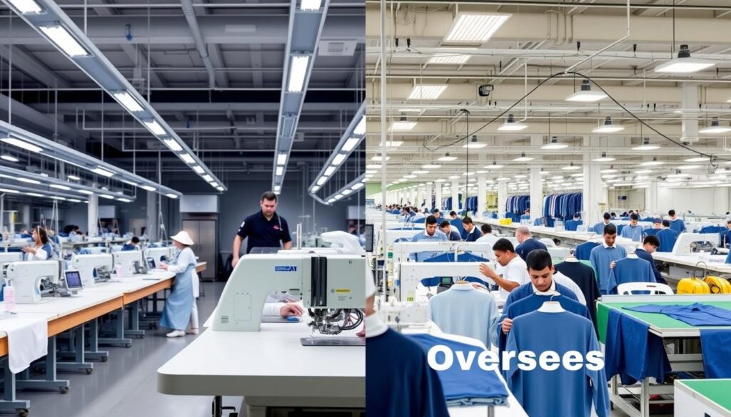 Comparison of domestic and overseas clothing manufacturing showing the differences in production environments
