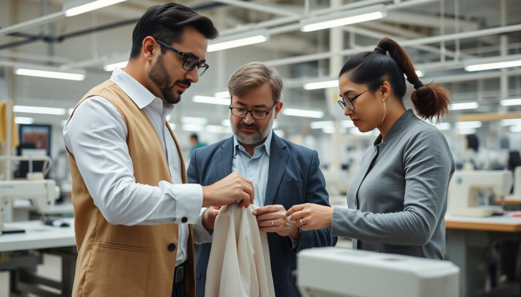 Fashion brand owner inspecting garment quality and discussing with factory manager