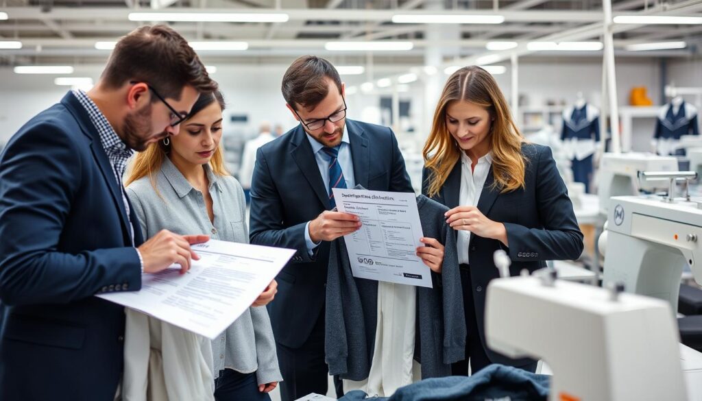 Fashion brand team troubleshooting production issues with manufacturer