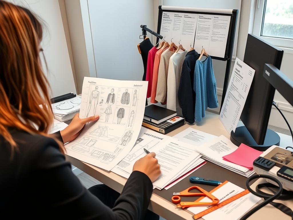 Fashion designer preparing technical specifications and samples for manufacturer sourcing