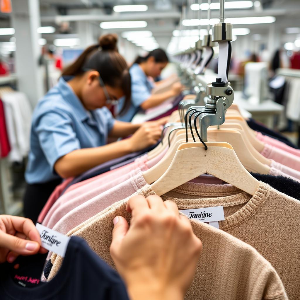 Private label women's clothing with brand labels being attached