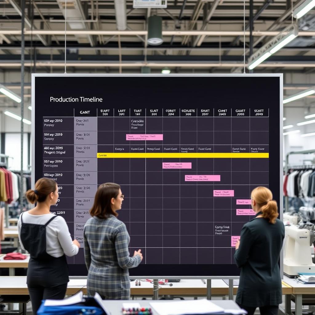 Production timeline chart at women's clothing factory