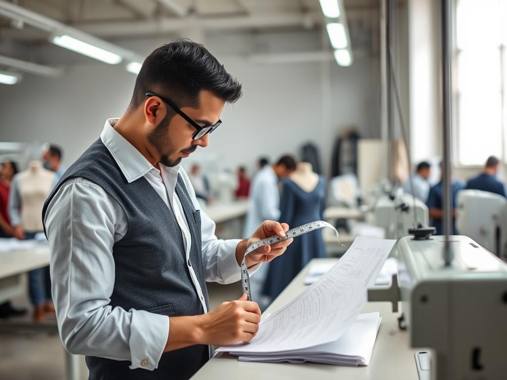 Quality control inspector checking garment measurements and construction details
