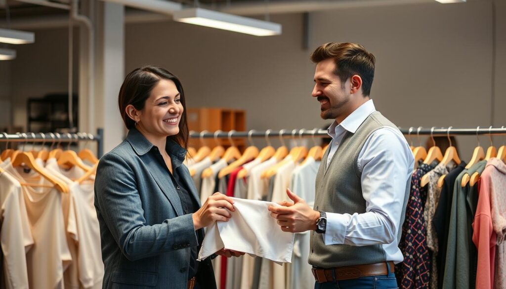 Successful fashion brand owner with manufacturing partner reviewing finished clothing collection